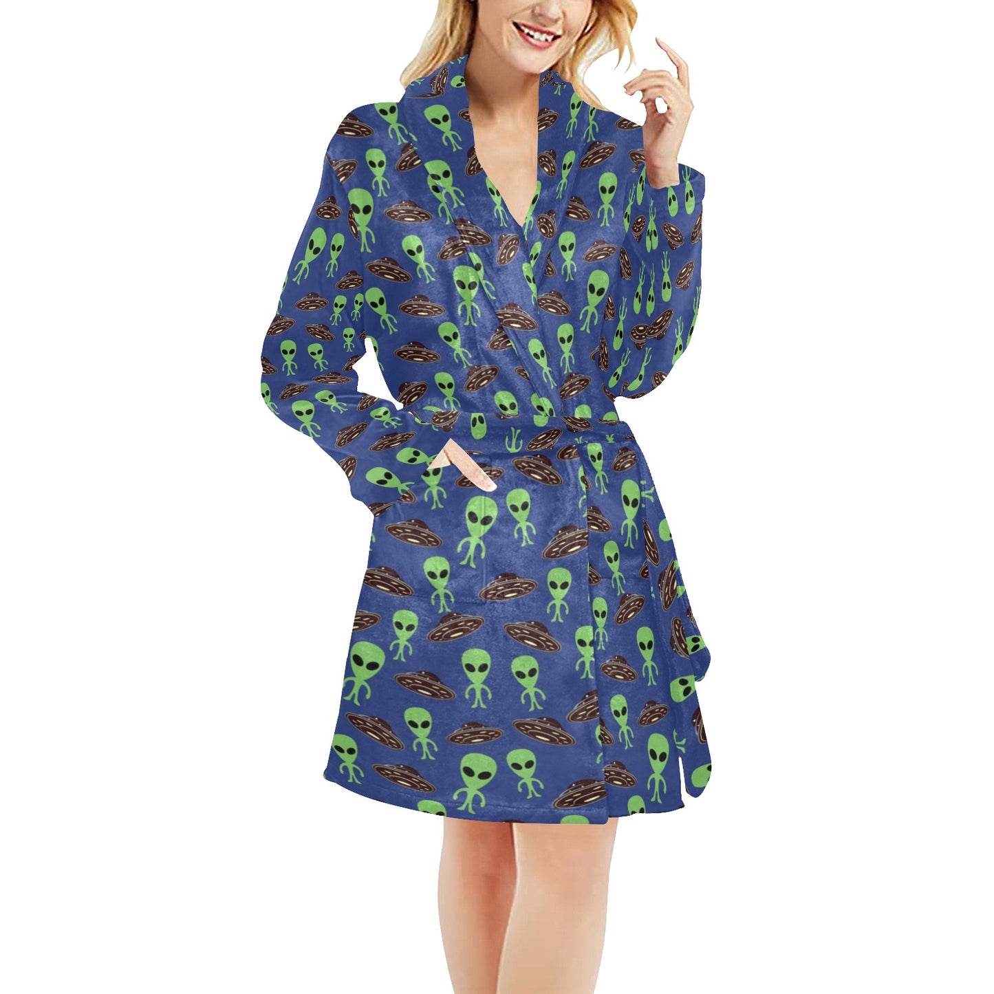 Alien Green UFO Pattern Women's Fleece Robe