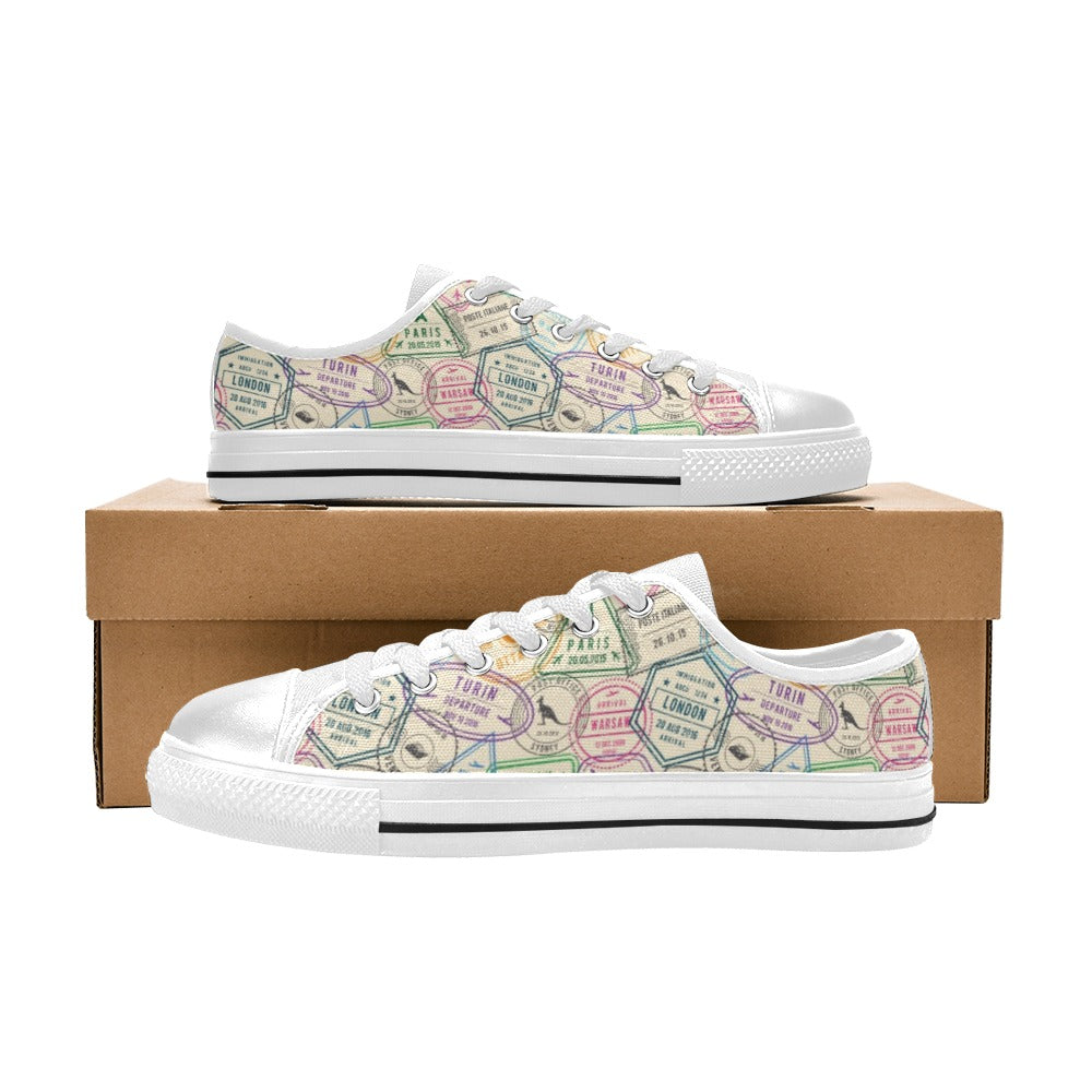 Travel Stamp Print Design LKS303 Women's White Low Top Shoes