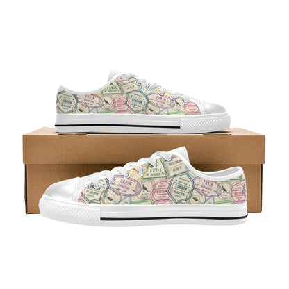 Travel Stamp Print Design LKS303 Women's White Low Top Shoes