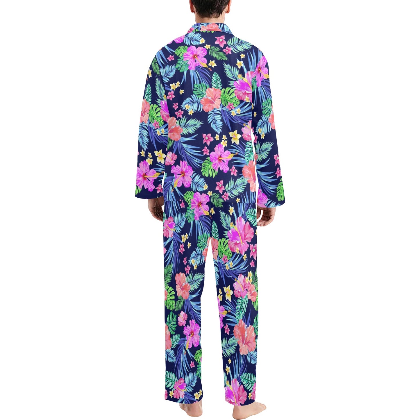 Neon Hibiscus Pattern Print Design HB016 Men's Long Pajama Set