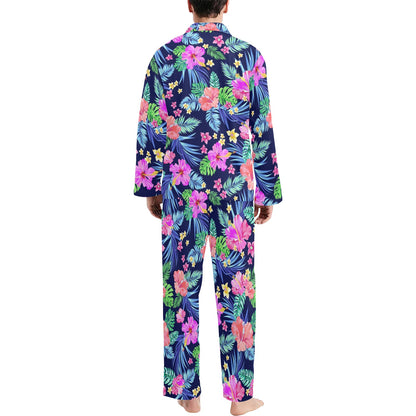 Neon Hibiscus Pattern Print Design HB016 Men's Long Pajama Set