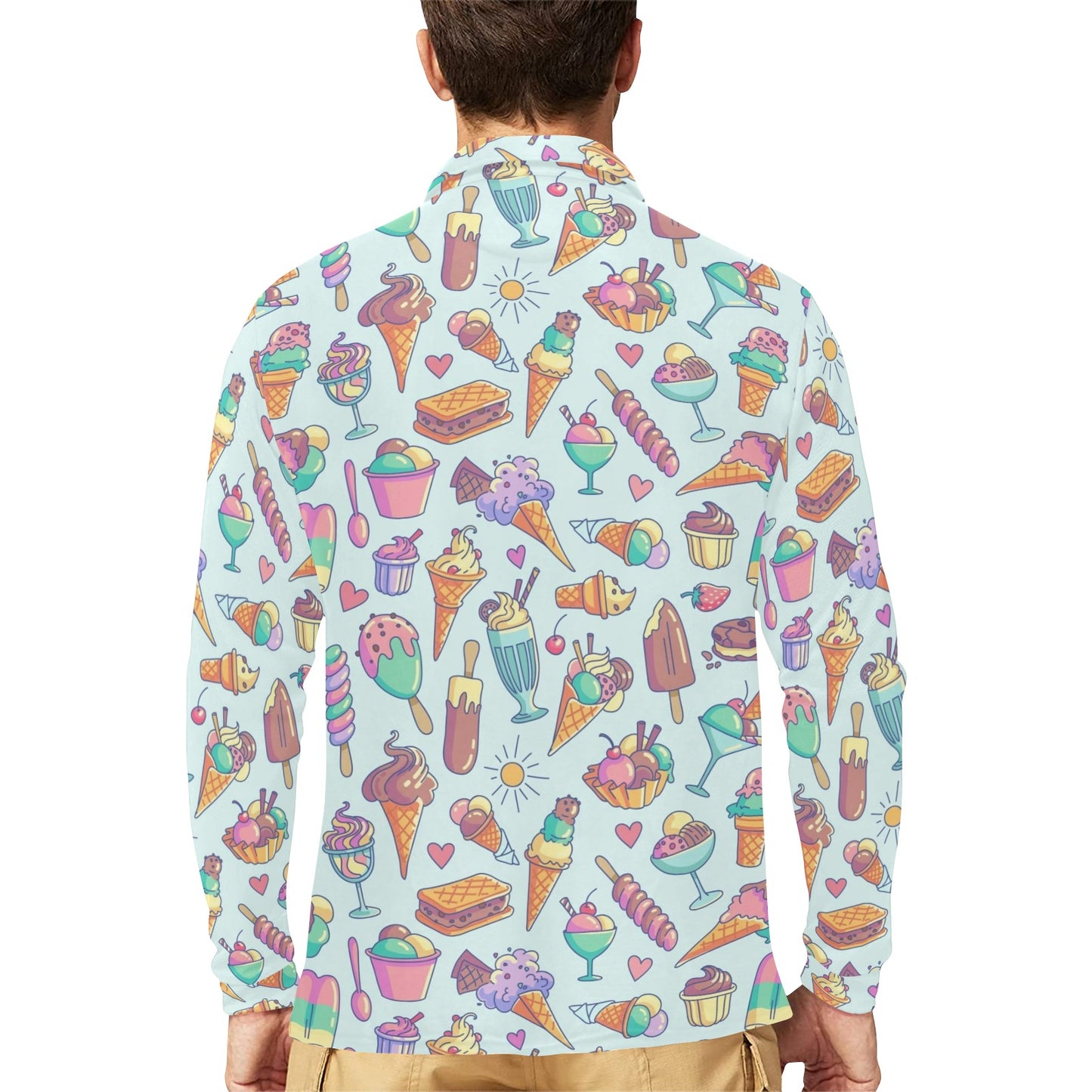 Ice Cream Pattern Print Design IC02 Long Sleeve Polo Shirt For Men's