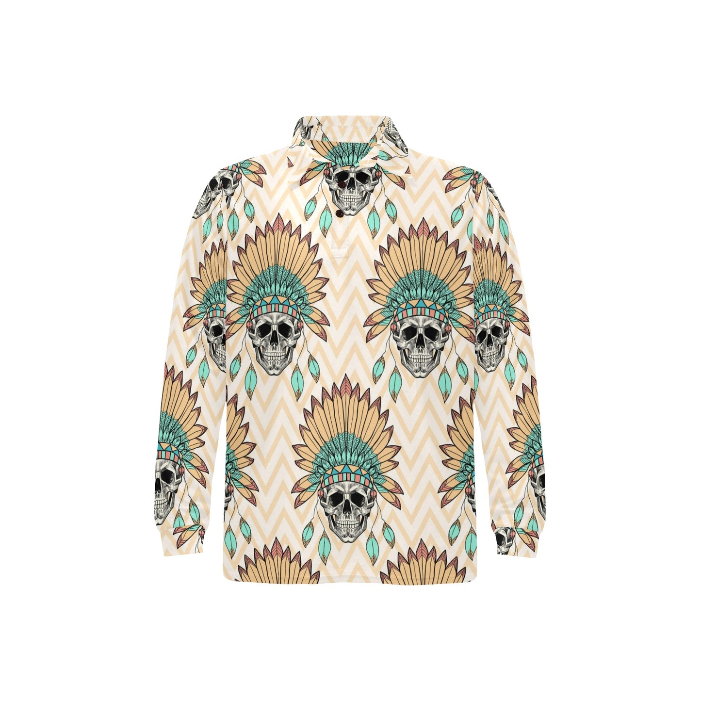 Indian Skull Pattern Long Sleeve Polo Shirt For Men's