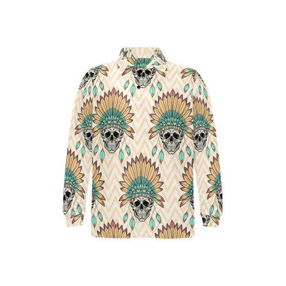 Indian Skull Pattern Long Sleeve Polo Shirt For Men's
