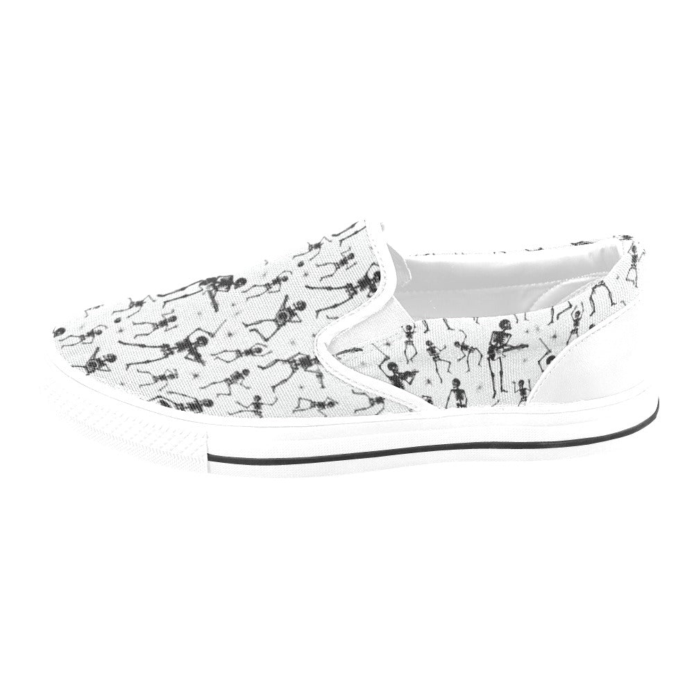 Skeleton Music Player Print Design LKS303 White Slip Ons Canvas Women's Shoes