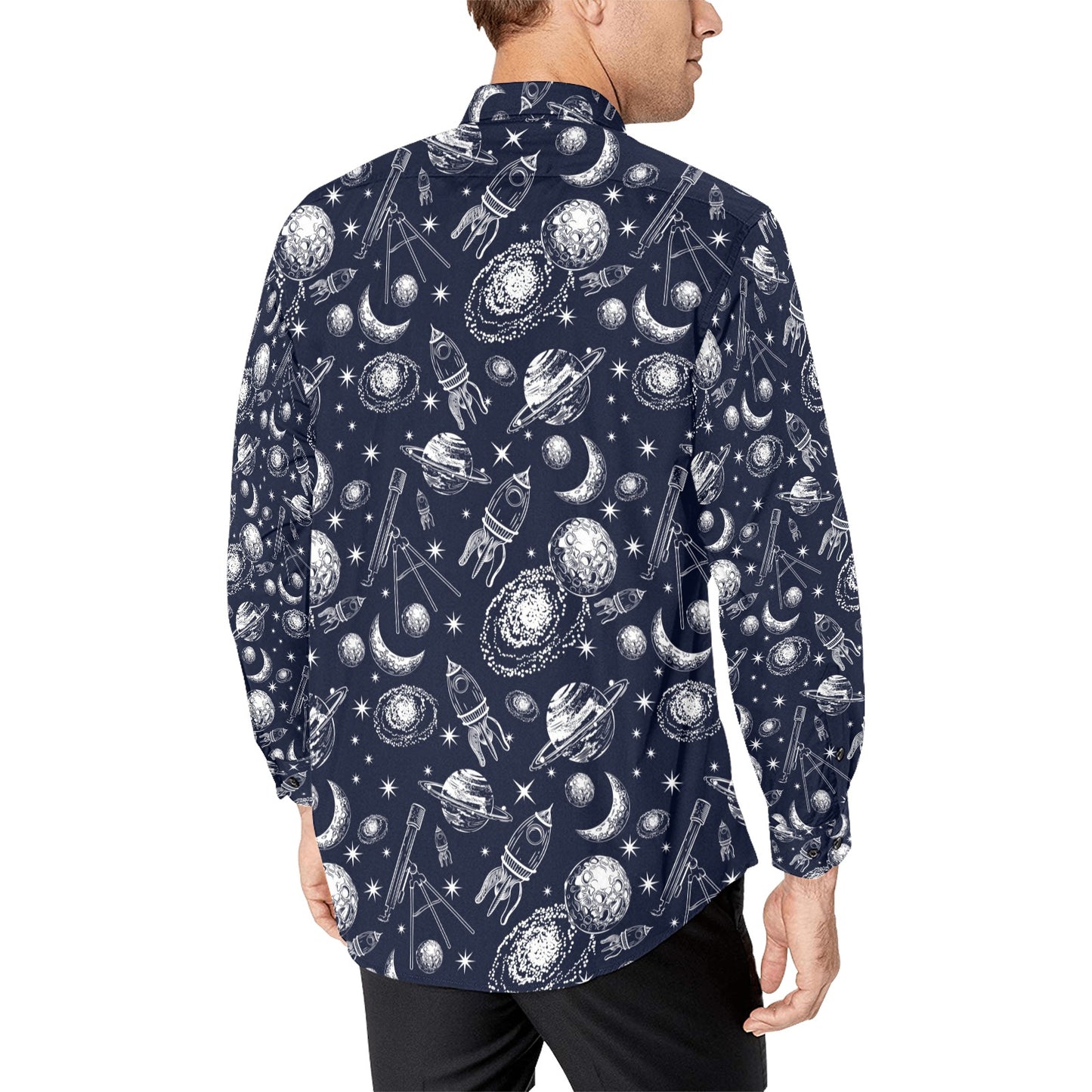 Space Rocket Print Design LKS301 Men's Long Sleeve Dress Shirt