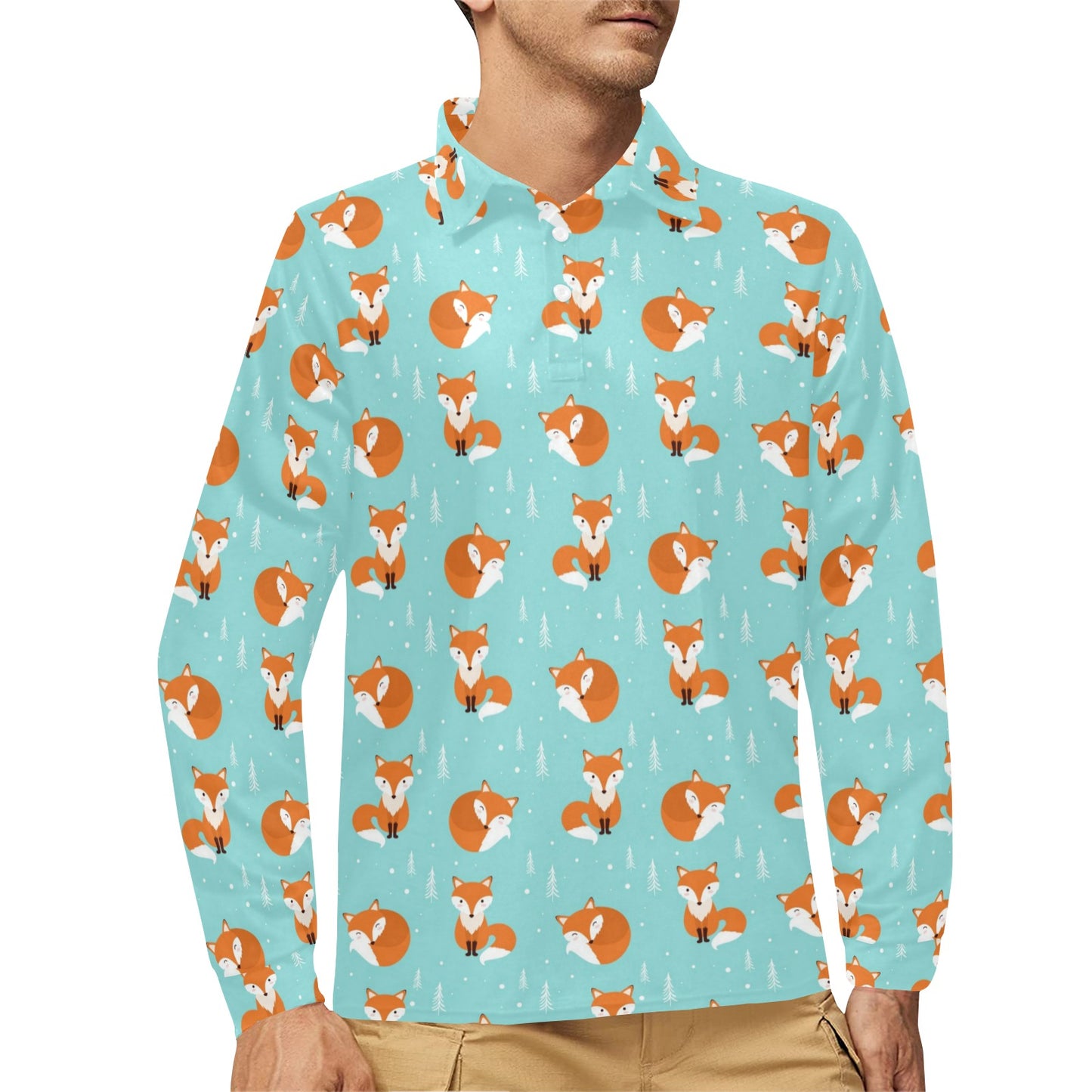 Fox Design Snow Print Pattern Long Sleeve Polo Shirt For Men's