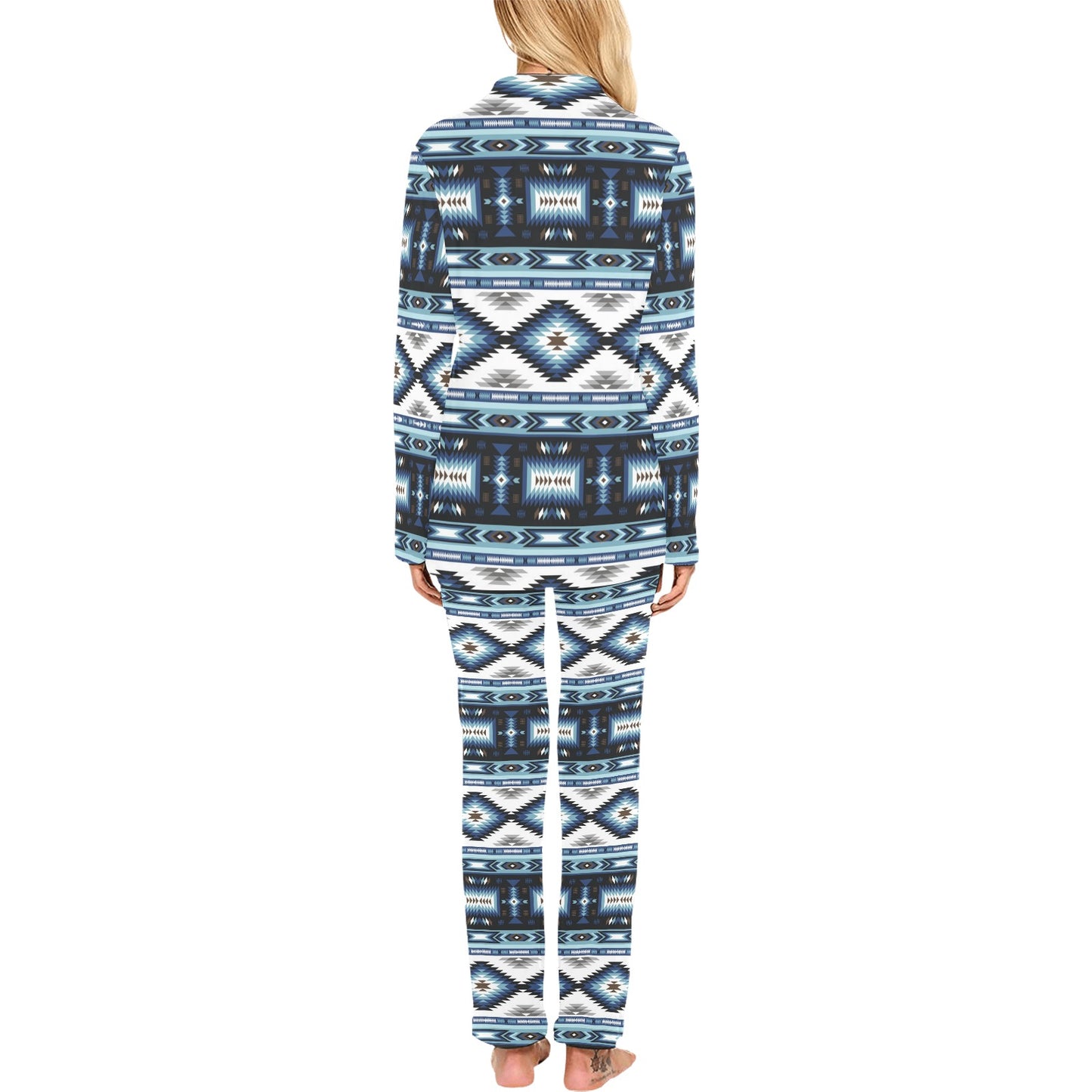Navajo Dark Blue Print Pattern Women's Long Pajama Set
