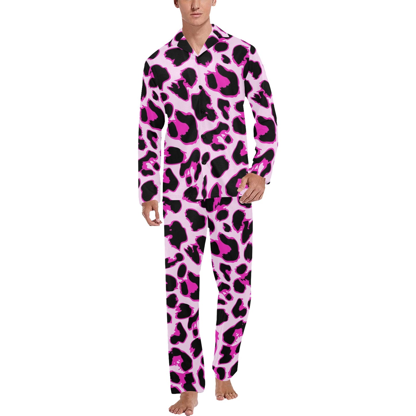 Pink Leopard Print Men's Long Pajama Set