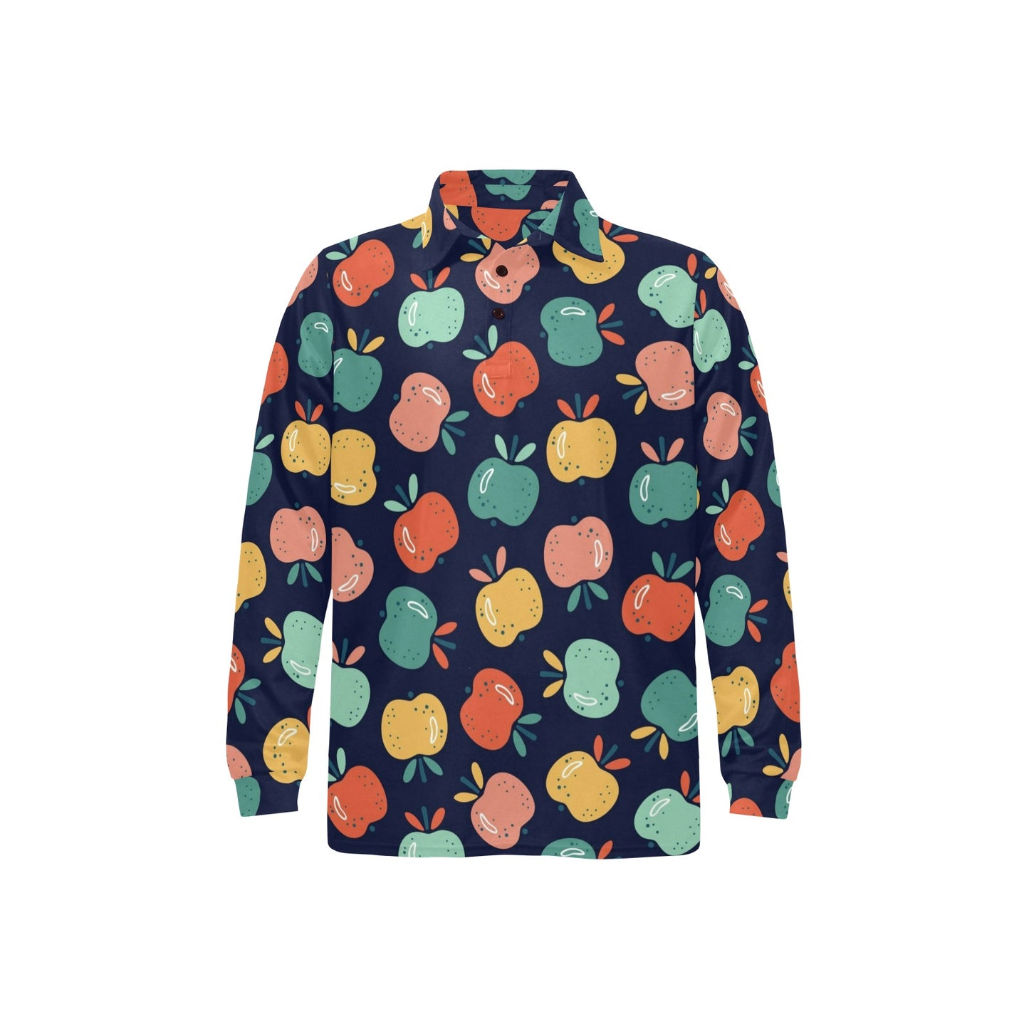 Apple Pattern Print Design AP09 Long Sleeve Polo Shirt For Men's