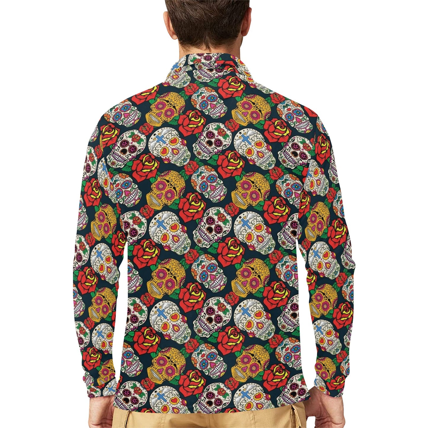 Sugar Skull Print Design LKS306 Long Sleeve Polo Shirt For Men's