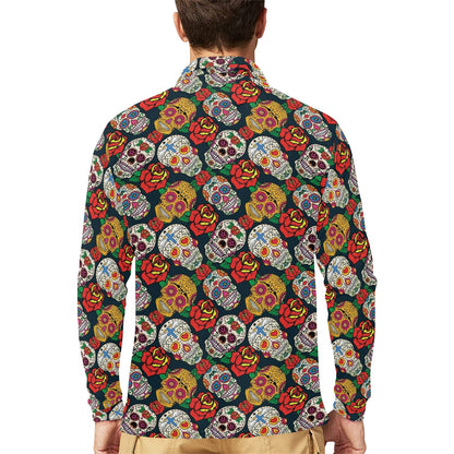 Sugar Skull Print Design LKS306 Long Sleeve Polo Shirt For Men's