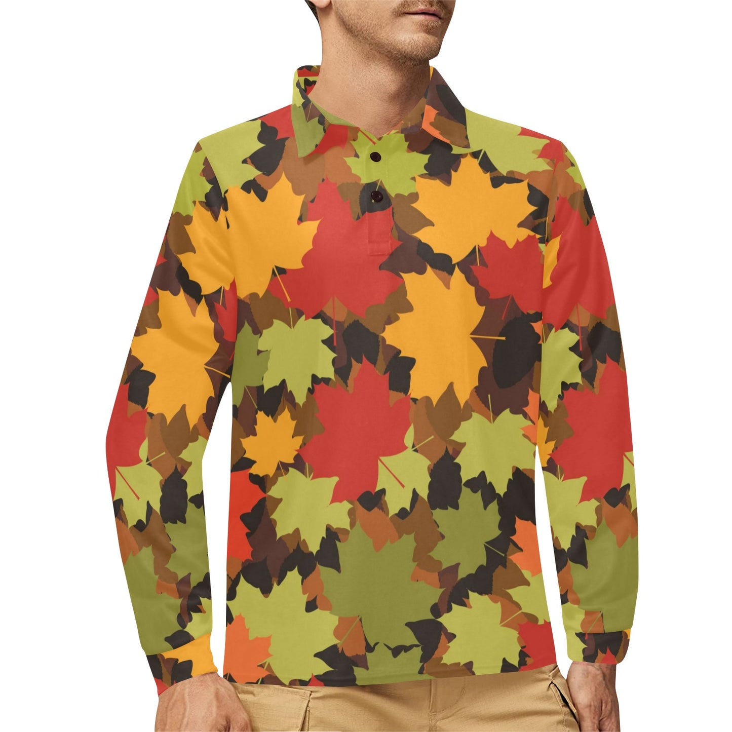 Maple Leaf Pattern Print Design 05 Long Sleeve Polo Shirt For Men's