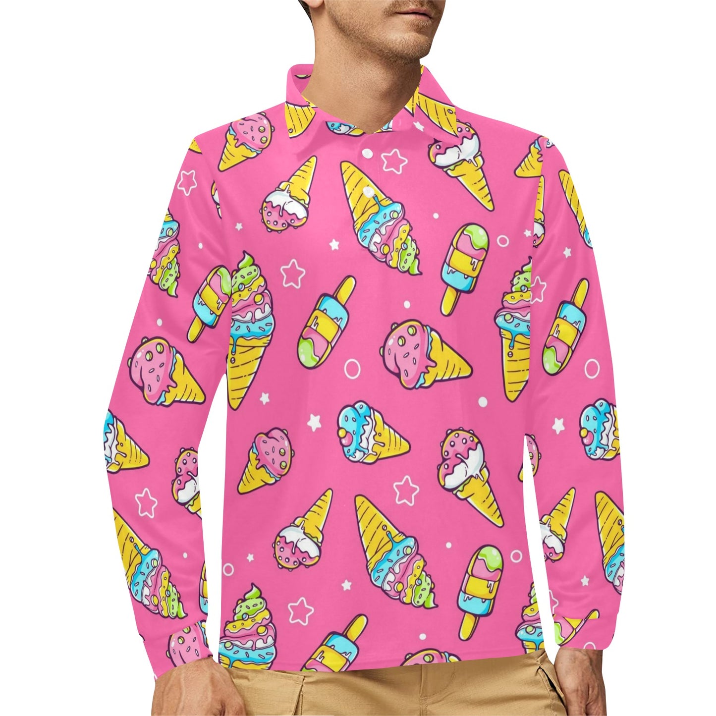 Ice Cream Pattern Print Design IC04 Long Sleeve Polo Shirt For Men's