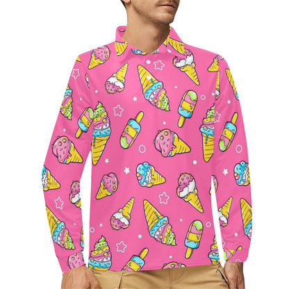 Ice Cream Pattern Print Design IC04 Long Sleeve Polo Shirt For Men's