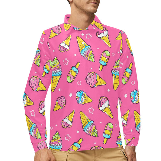 Ice Cream Pattern Print Design IC04 Long Sleeve Polo Shirt For Men's