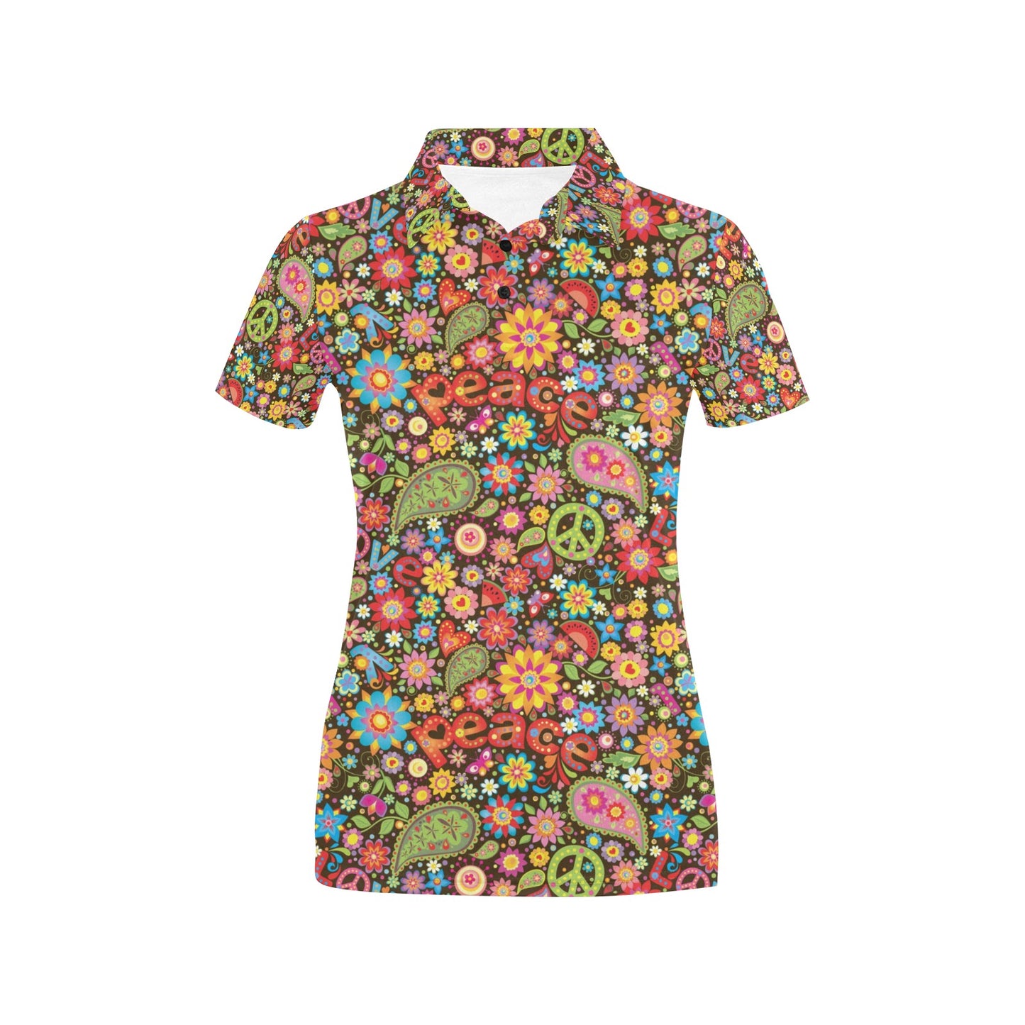 Flower Power Peace Paisley Themed Print Women's Polo Shirt