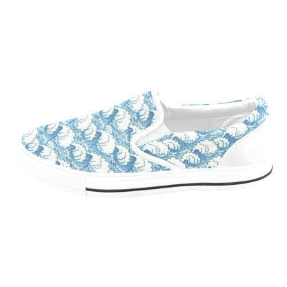 Wave Japan Style Print Design LKS304 White Slip Ons Canvas Women's Shoes
