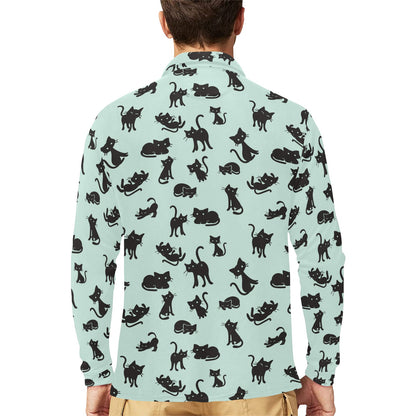 Black Cat Pattern Print Design 04 Long Sleeve Polo Shirt For Men's