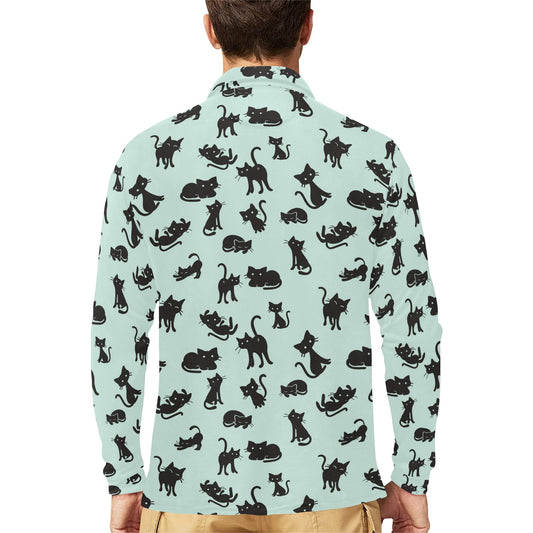 Black Cat Pattern Print Design 04 Long Sleeve Polo Shirt For Men's