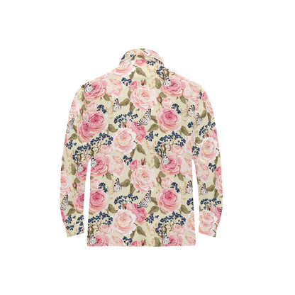 Floral Pink Butterfly Print Long Sleeve Polo Shirt For Men's
