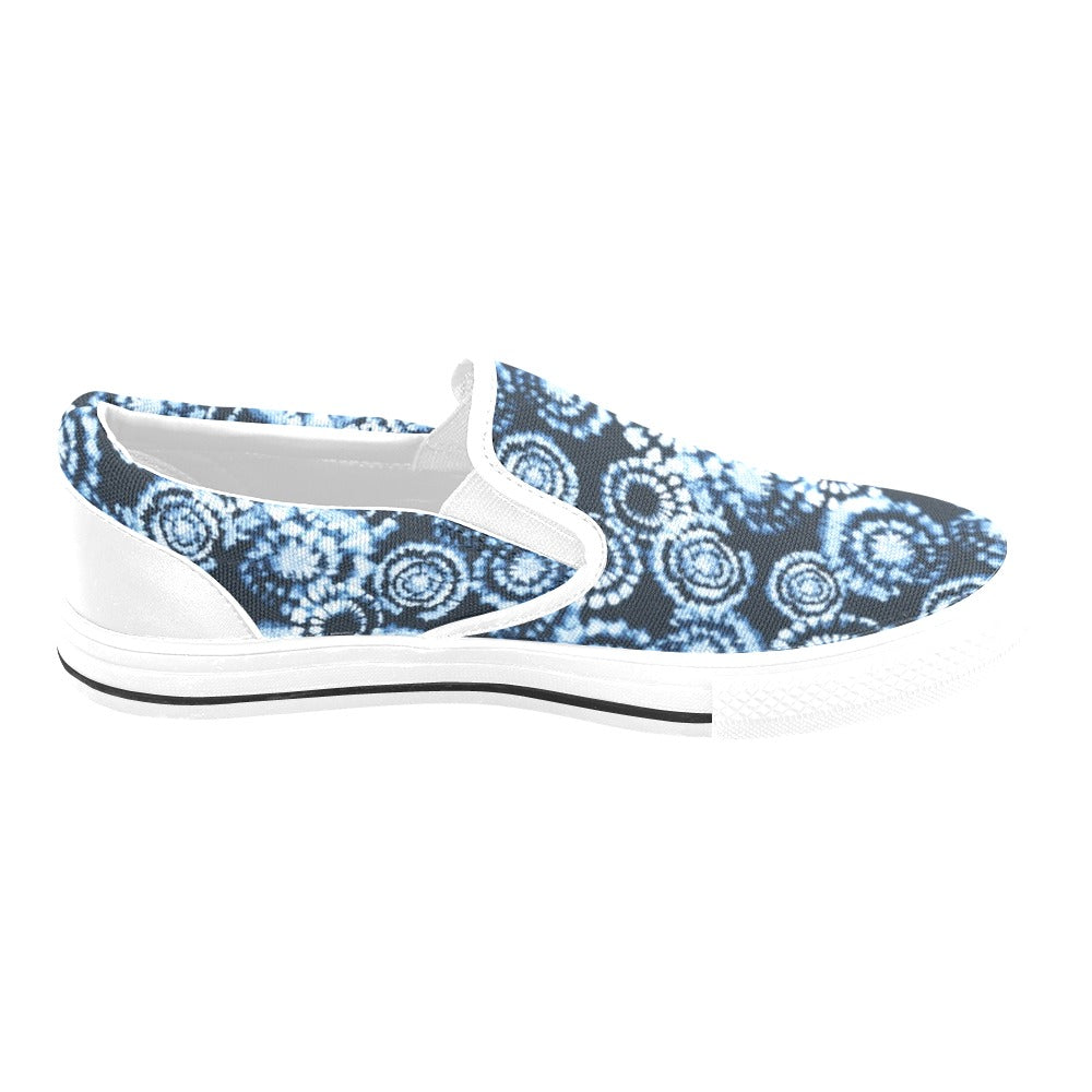 Tie Dye Dark Blue Print Design LKS306 White Slip Ons Canvas Women's Shoes