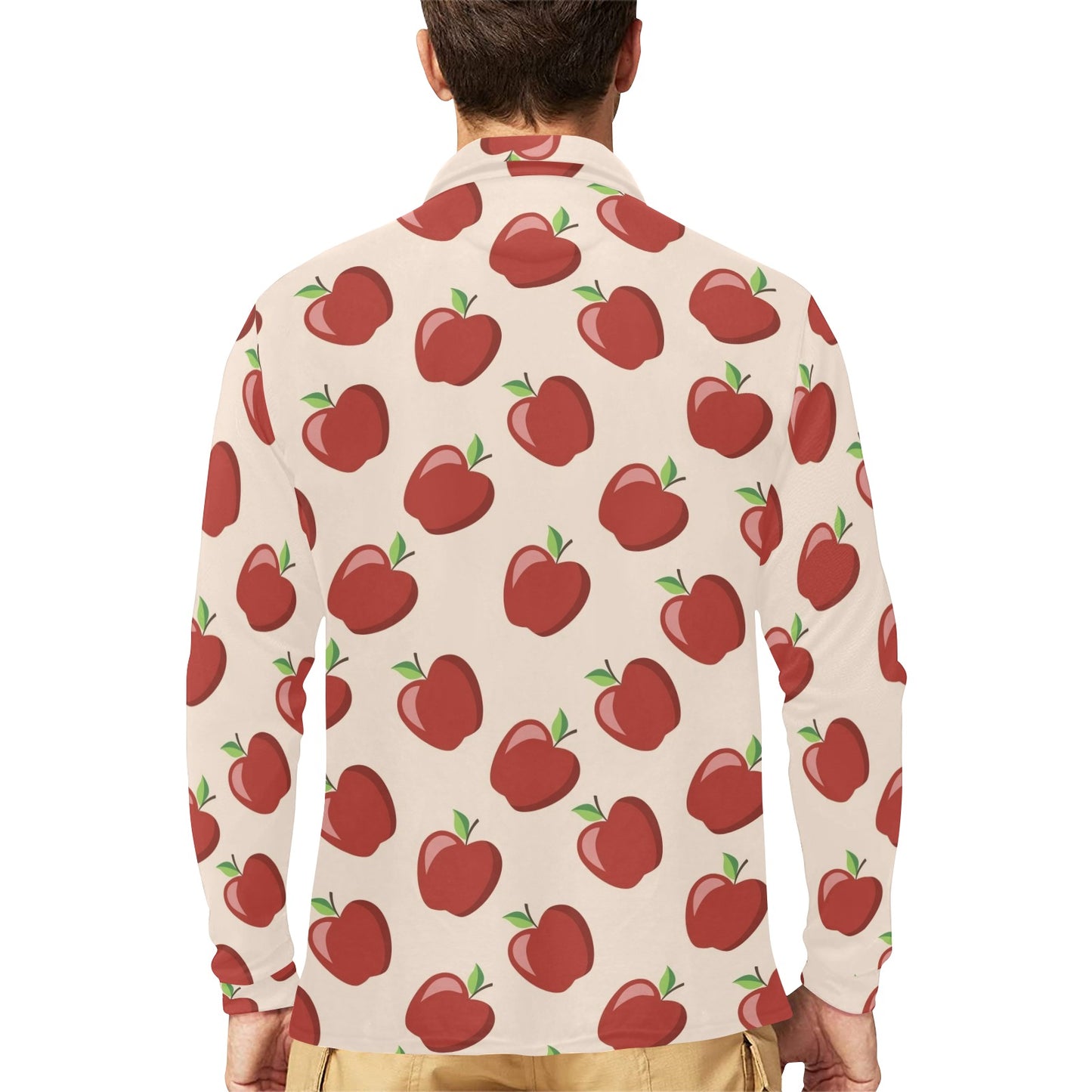 Apple Pattern Print Design AP01 Long Sleeve Polo Shirt For Men's