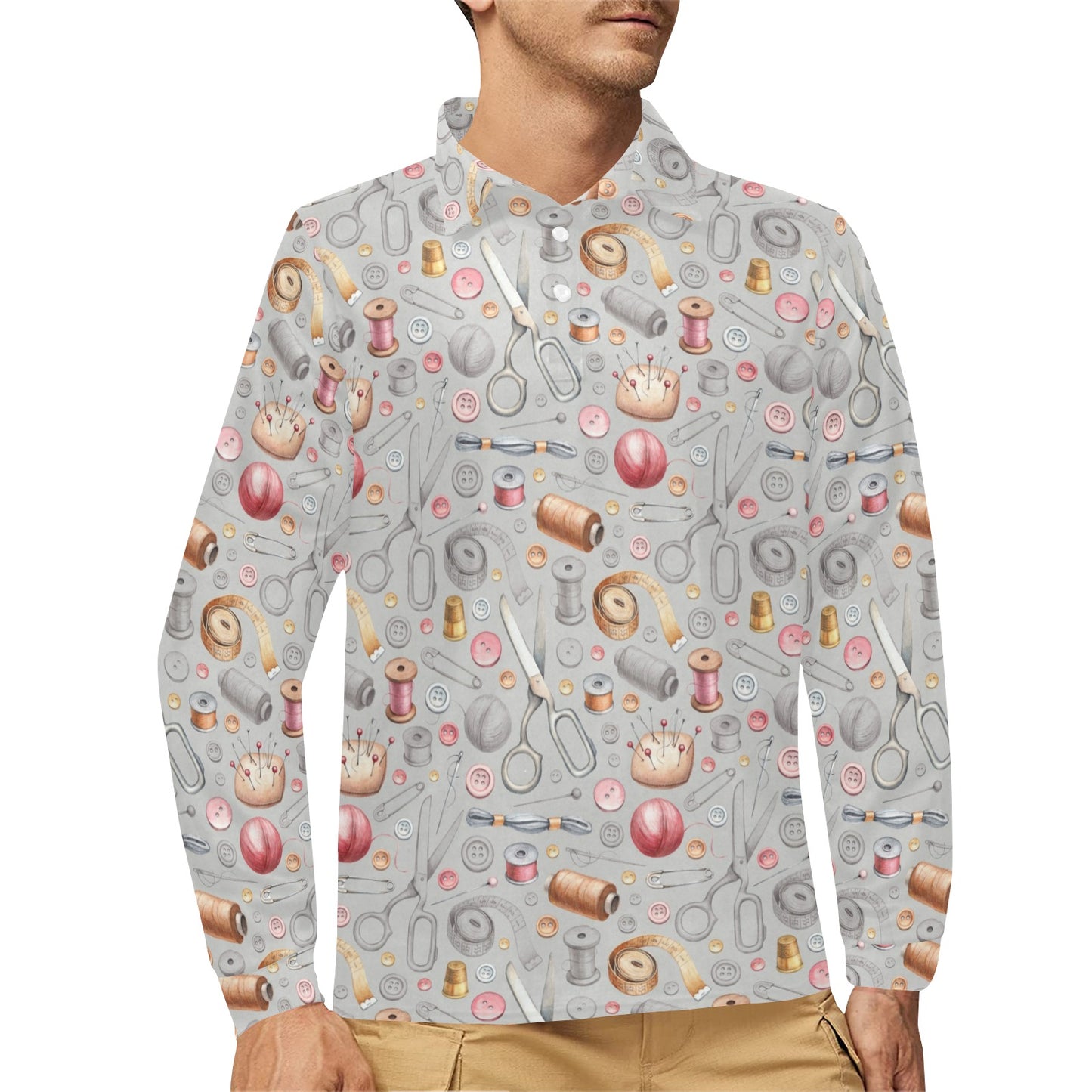 Sewing Equipment Print Design LKS302 Long Sleeve Polo Shirt For Men's