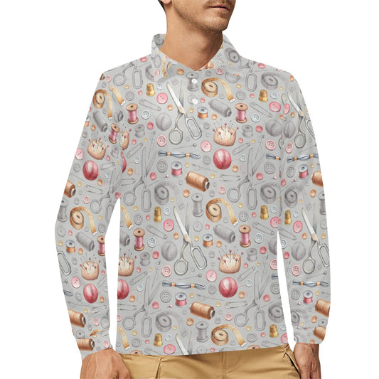 Sewing Equipment Print Design LKS302 Long Sleeve Polo Shirt For Men's