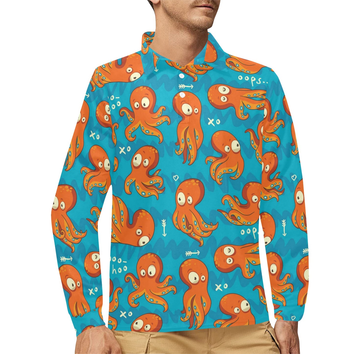 Octopus Pattern Print Design A02 Long Sleeve Polo Shirt For Men's