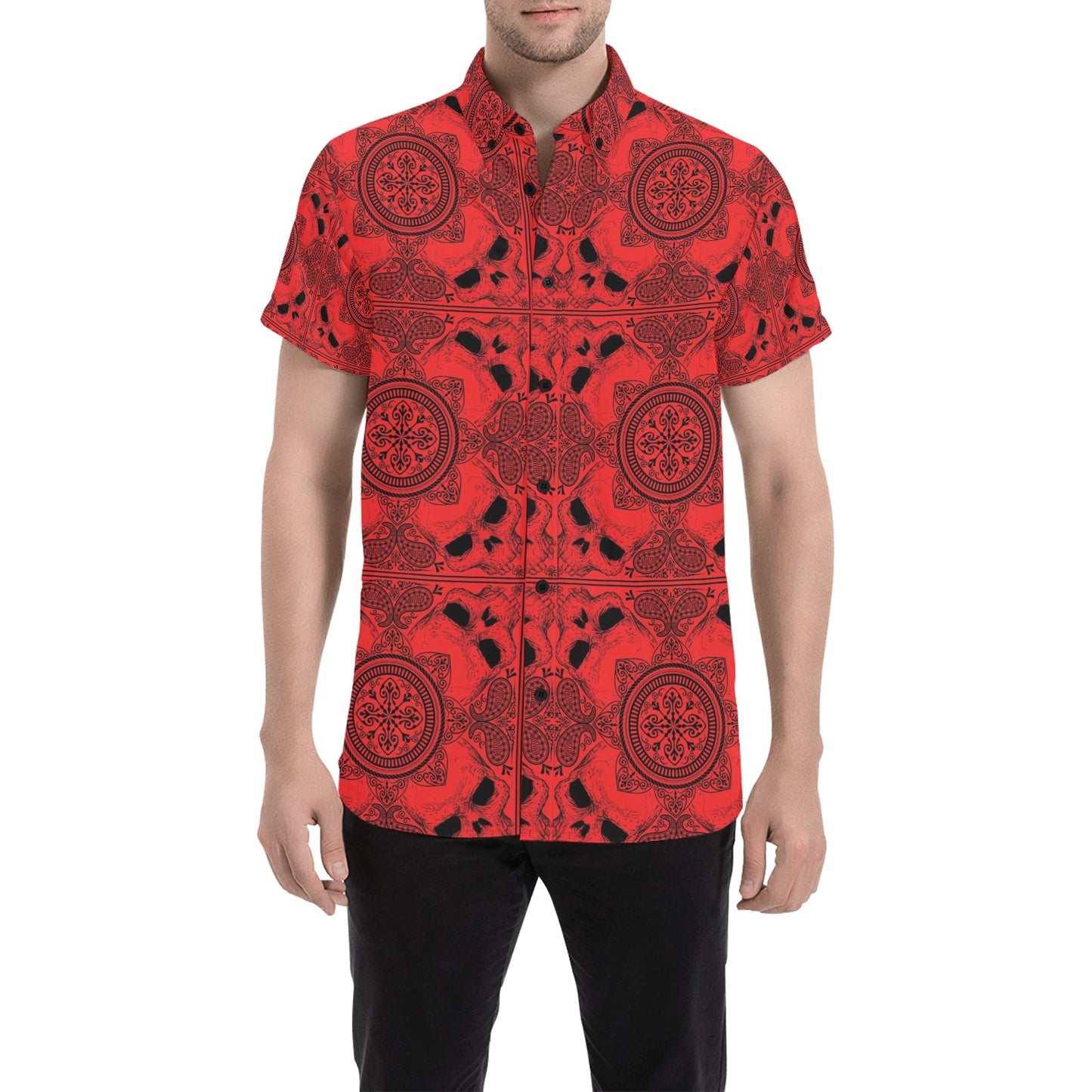 Bandana Red Print Design LKS304 Men Short Sleeve Button Up Shirt