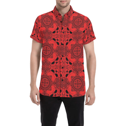 Bandana Red Print Design LKS304 Men Short Sleeve Button Up Shirt