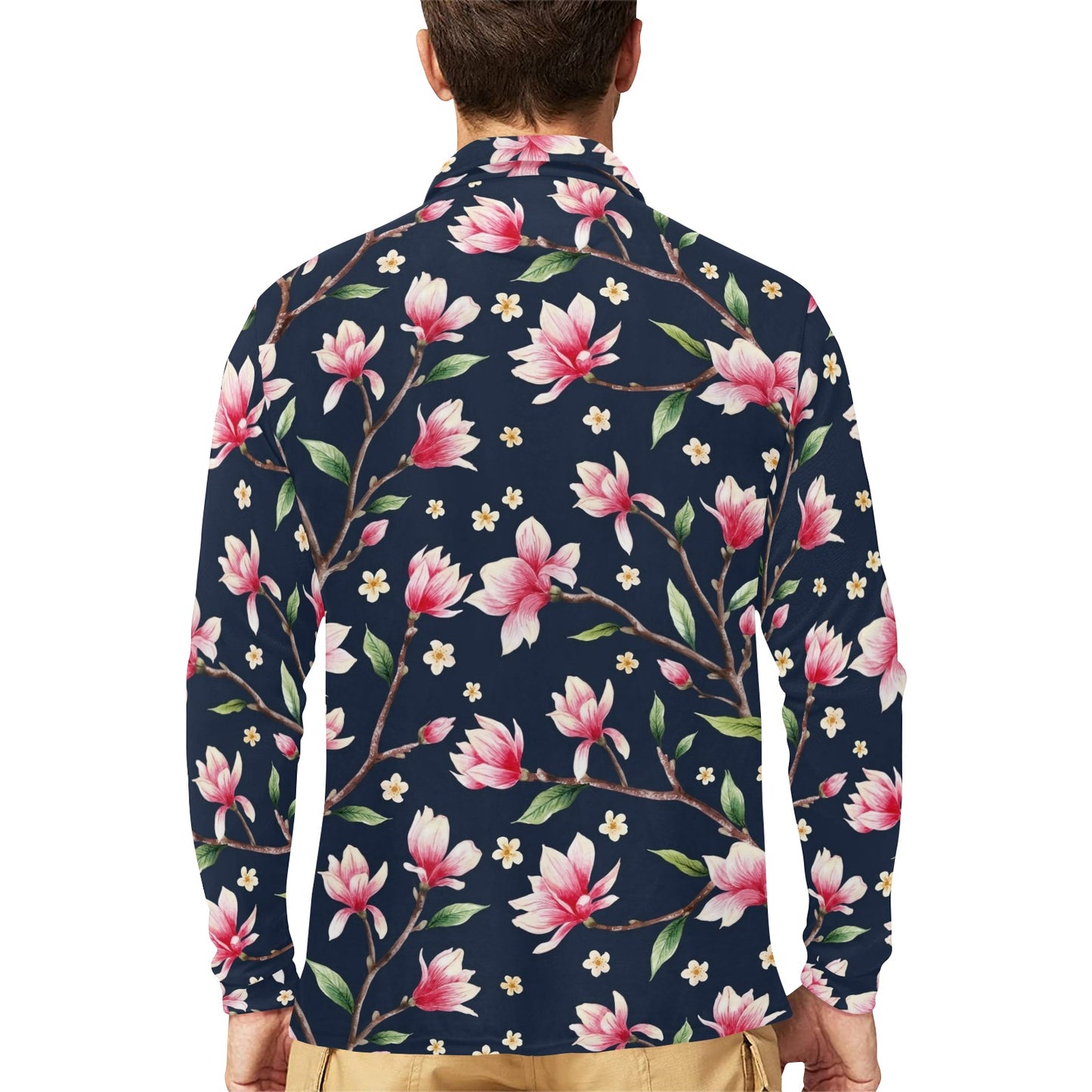 Magnolia Pattern Print Design MAG09 Long Sleeve Polo Shirt For Men's