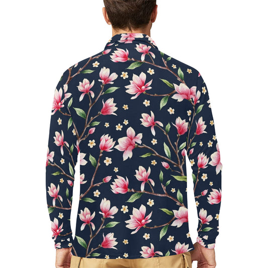 Magnolia Pattern Print Design MAG09 Long Sleeve Polo Shirt For Men's