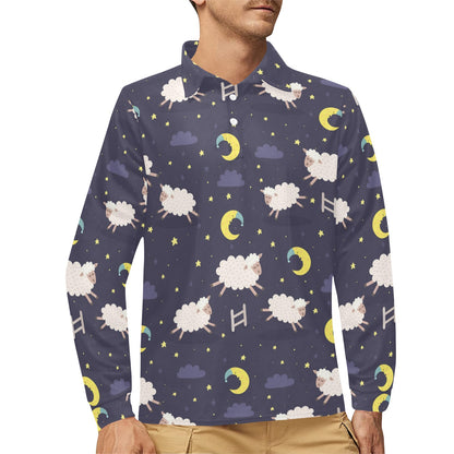 Sheep Night Pattern Print Design 02 Long Sleeve Polo Shirt For Men's