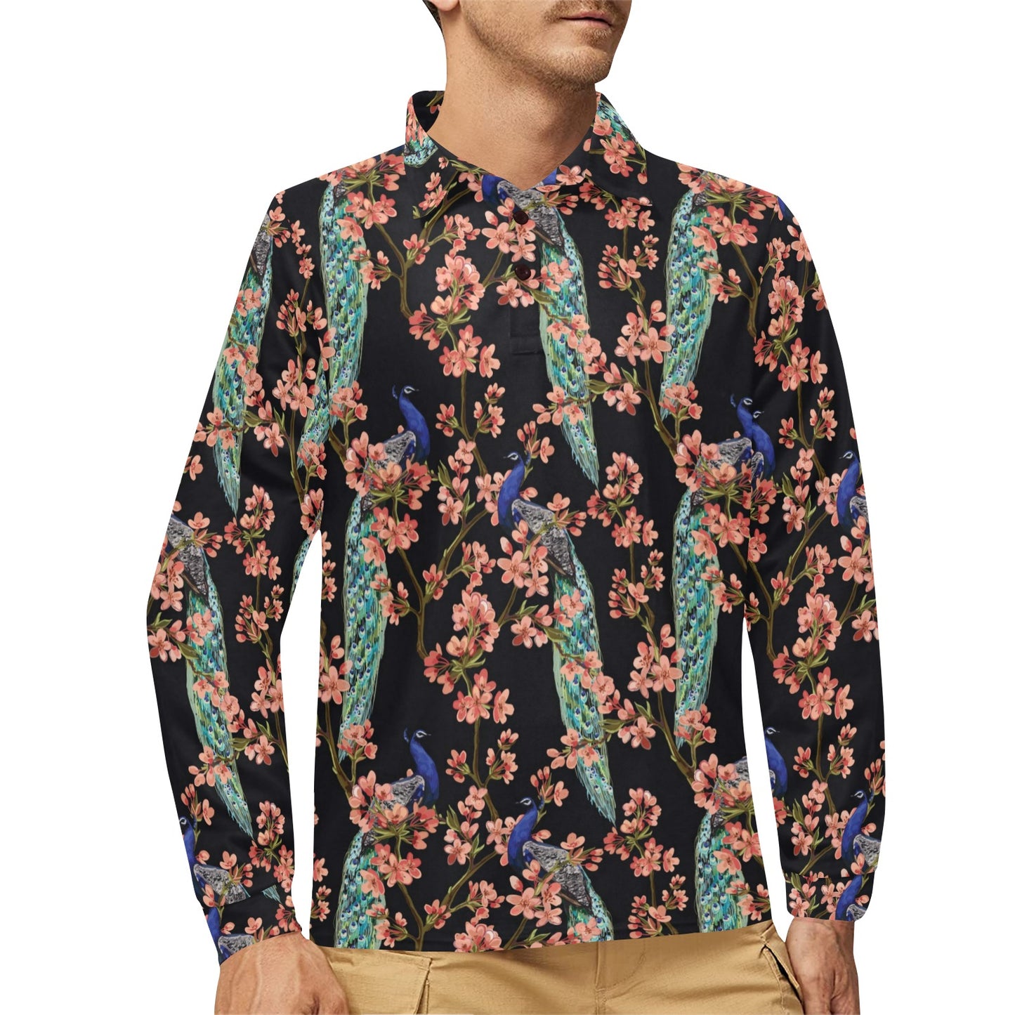 Peacock Pattern Print Design A01 Long Sleeve Polo Shirt For Men's