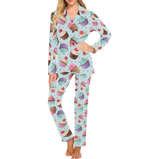Cupcakes Fancy Heart Print Pattern Women's Long Pajama Set