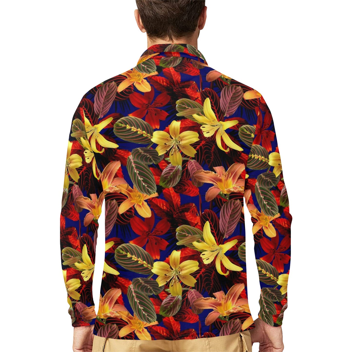 Lily Pattern Print Design LY014 Long Sleeve Polo Shirt For Men's