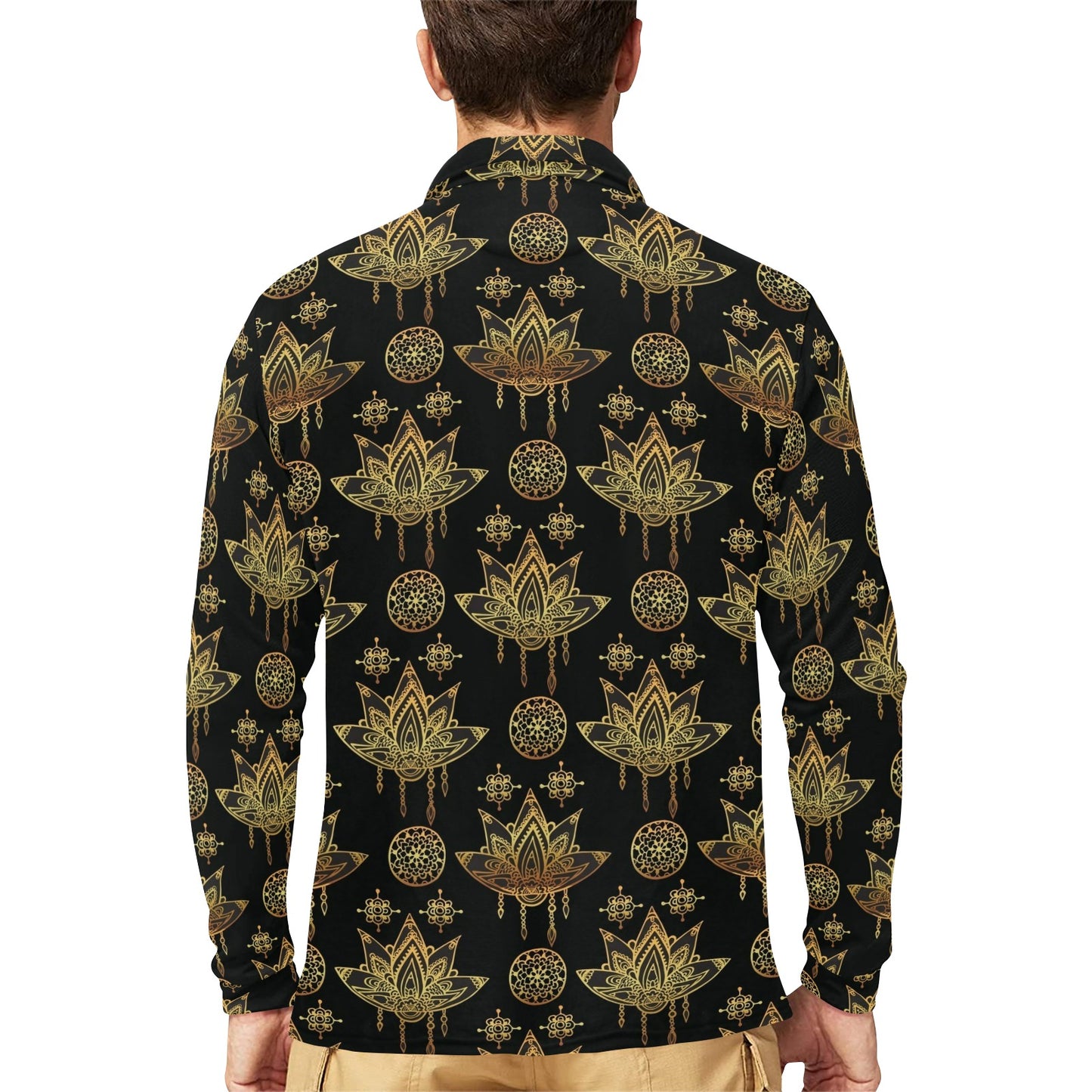 lotus Boho Pattern Print Design LO03 Long Sleeve Polo Shirt For Men's