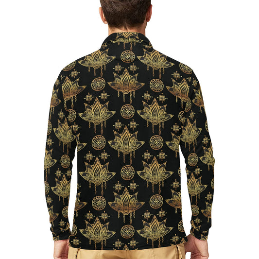 lotus Boho Pattern Print Design LO03 Long Sleeve Polo Shirt For Men's