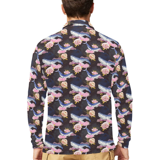 Blue Whale Print Design LKS401 Long Sleeve Polo Shirt For Men's