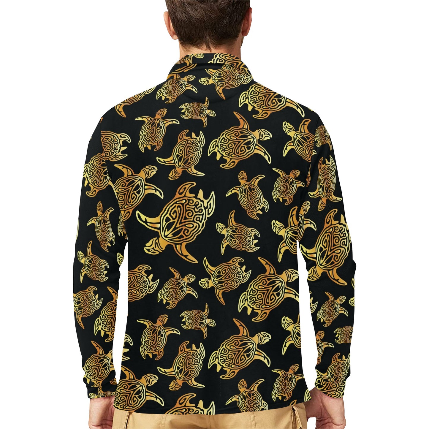 Gold Tribal Turtle Polynesian Themed Long Sleeve Polo Shirt For Men's