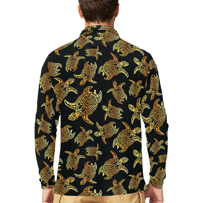 Gold Tribal Turtle Polynesian Themed Long Sleeve Polo Shirt For Men's