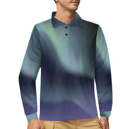 Aurora Borealis Pattern Print Design 01 Long Sleeve Polo Shirt For Men's