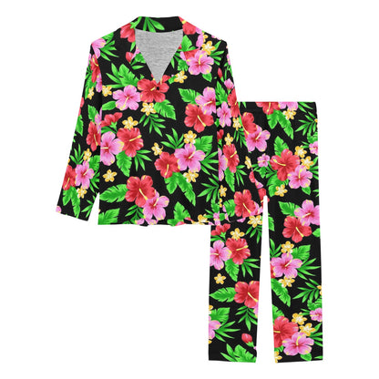 Pink Red Hibiscus Pattern Print Design HB023 Women's Long Pajama Set