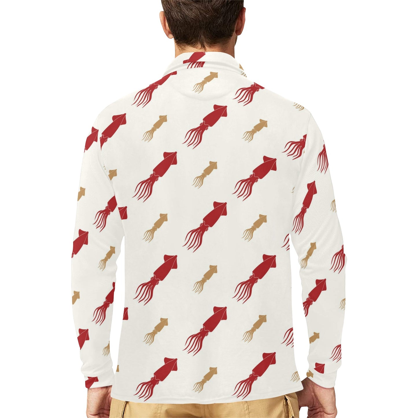 Giant Squid Pattern Print Design 01 Long Sleeve Polo Shirt For Men's