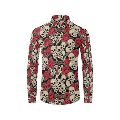 Skull And Roses Print Design LKS301 Men's Long Sleeve Dress Shirt
