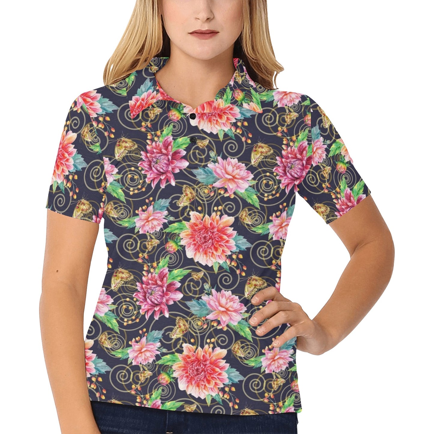 Dahlia Pattern Print Design DH02 Women's Polo Shirt