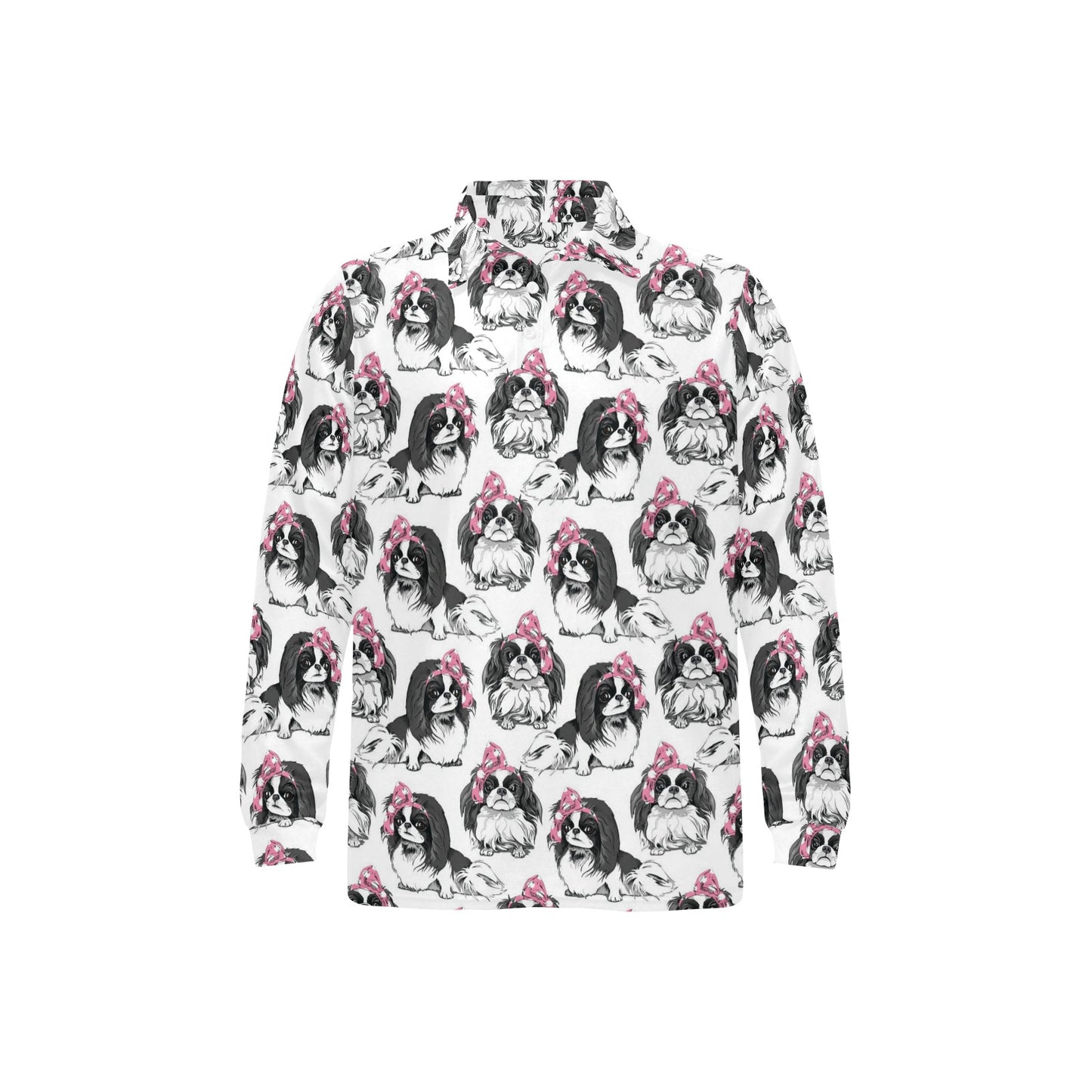 Japanese Chin Pattern Print Design 01 Long Sleeve Polo Shirt For Men's