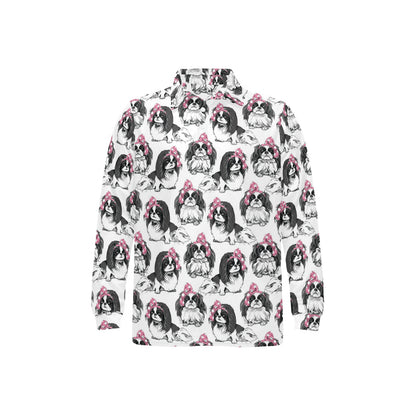 Japanese Chin Pattern Print Design 01 Long Sleeve Polo Shirt For Men's